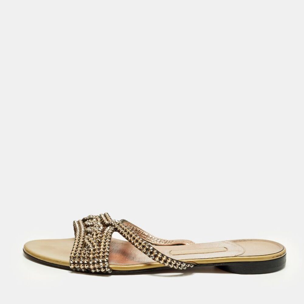 Gina Size 40 Metallic Bronze Leather Crystal Embellished Flat Slide